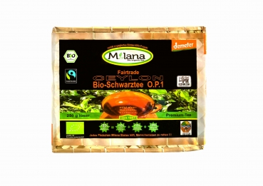 250 g MILANA Ceylon Fairtrade Demeter BIO-SCHWARZTEE LOSE OP1 Orange Pekoe 1 schwarzer Premium-Tee in HANDGEFLOCHTENEM TEEKÖRBCHEN, 55 Prozent des Verkaufspreises ist SOZIALE HILFSLEISTUNG - Der Tee, ... der nach Liebe schmeckt. Fair und nachhaltig herges